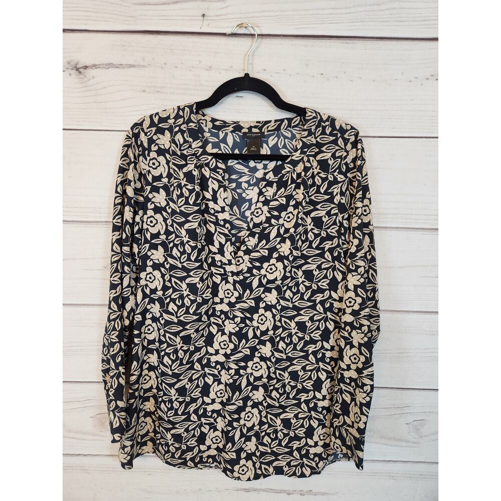 Ann Taylor Women's Black Tan Floral Long Sleeve V-Neck Blouse Top Size XS